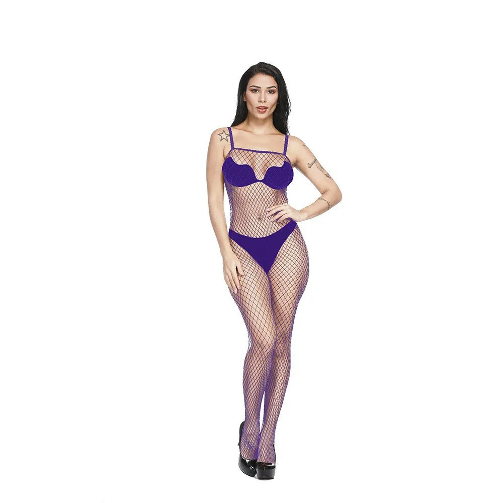Hot Woman Sleeveless Purple Fishnet Bodysuit Lingerie - Sexy