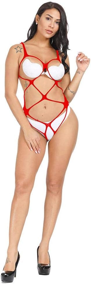 Red Lingerie Bodysuit - Hollow Out Open Crotch - One Size
