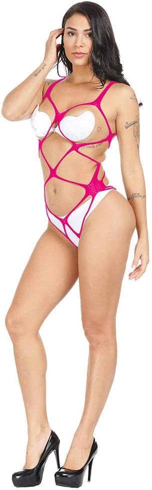 Pink Bodysuit & Hollow Out Lingerie - Open Crotch - One Size