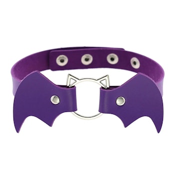 Elegant purple bat wing choker and cat face ring in metal from Hot Woman Clothes