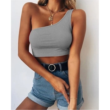 Graues Crop-Top mit One-Shoulder-Trägern | Heiße Frauenkleidung