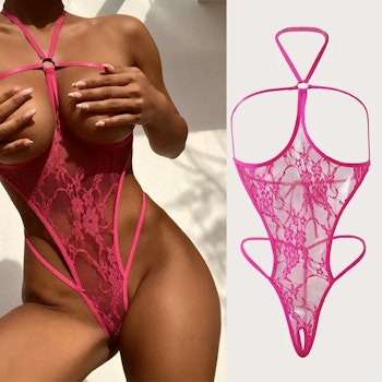 Sexy Pink Lace Bodysuit - Open Breast Cup | Sexy clothes