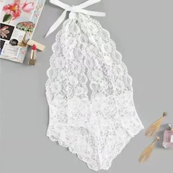 Teddy Bodysuit Lingerie Genomskinlig Vit- Halterneck