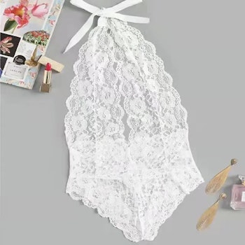 Teddy Bodysuit Lingerie Transparent White- Halterneck