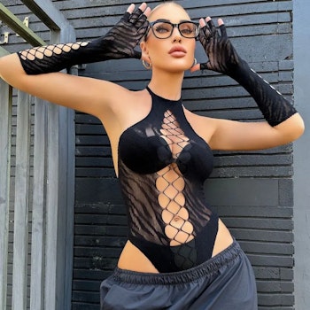 Sexy Black Mesh & Fishnet Bodysuit with Open Back