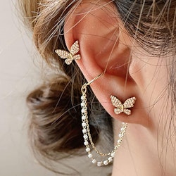 Butterfly Earrings with Pearl Chain – Elegant & Adjustable