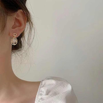 Oval Dangle Earrings with Gold Color & Rhinestones