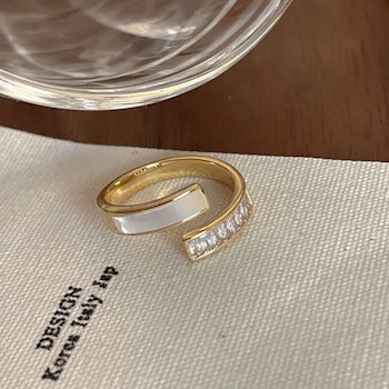 Adjustable Gold-Tone Ring - White Inlay & Clear Stones