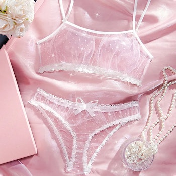 Polka Dot Lingerie - Cute Mesh with Bow – White Bra & Panties
