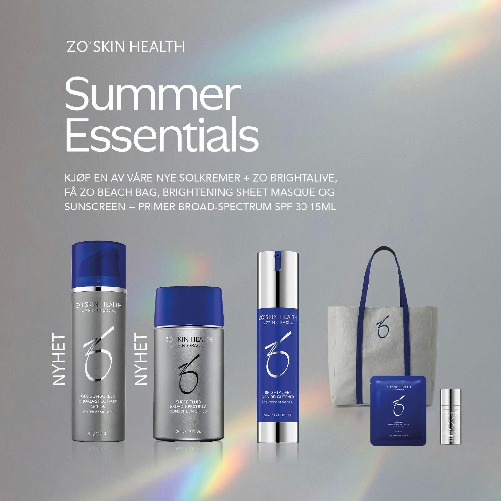 Kjøp ZO Sheer Fluid Broad-Spectrum Sunscreen SPF 50 + Brightalive, FÅ en lekker ZO Beach Bag, Brightening Sheet Masque og Sunscreen + Primer 15ml i gave!