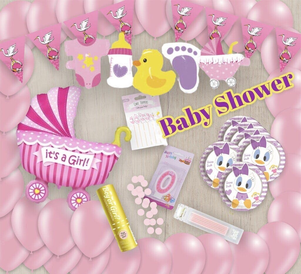 Baby Shower (Baby Girl) Komplett Paket 51 st Ljusrosa med ballonger, Folieballong och engångsartiklar