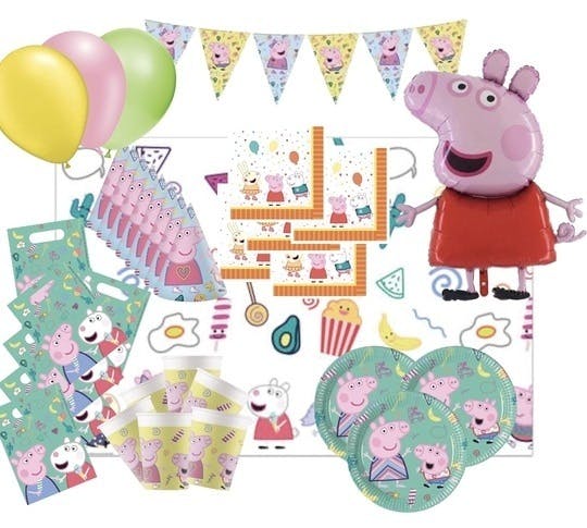 Peppa Pig Komplett Kalaspaket 57 st Gul, grön och rosa med ballonger, Folieballong och engångsartiklar