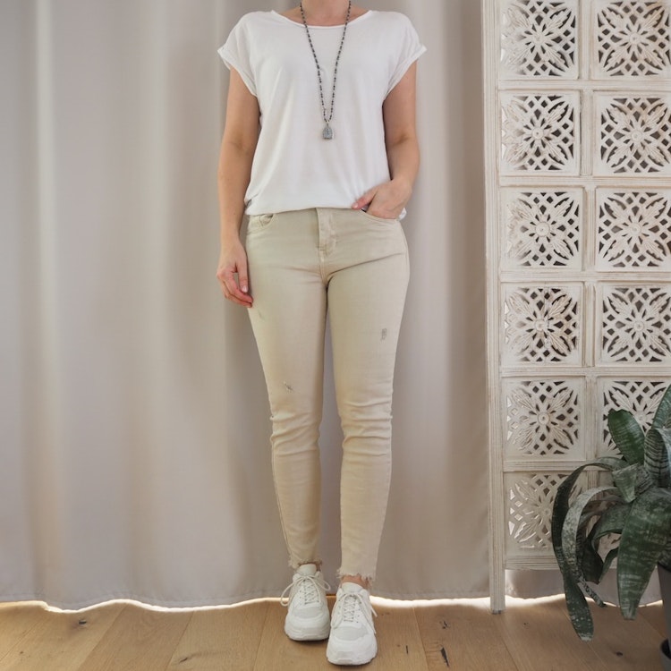 Stretchjeans med fransar BEIGE - 3D Denim