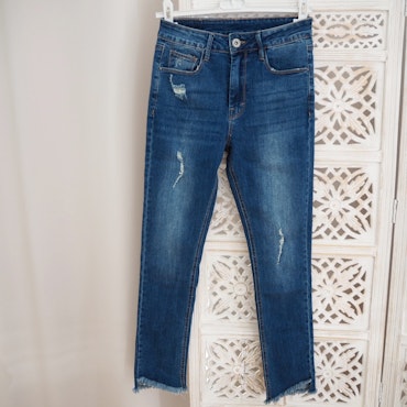 Jeans med fransar SLITEN MÖRK BLÅ - 3D Denim