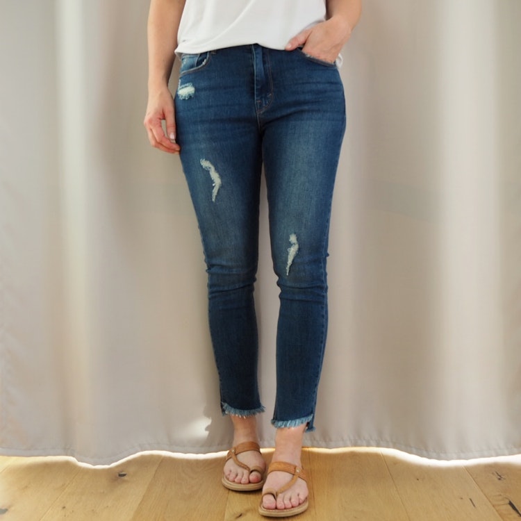 Jeans med fransar SLITEN MÖRK BLÅ - 3D Denim
