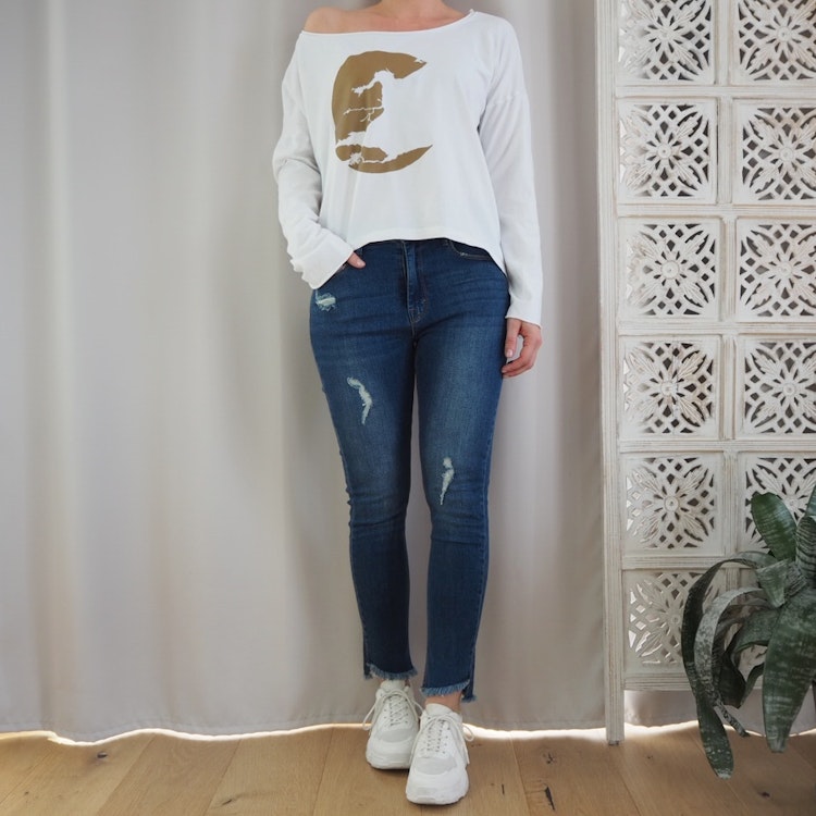 Jeans med fransar SLITEN MÖRK BLÅ - 3D Denim