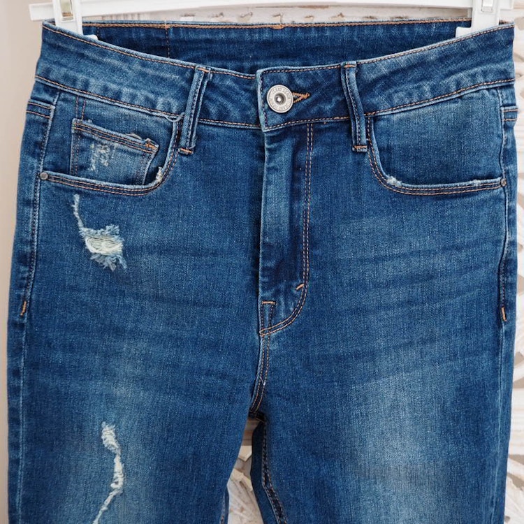 Jeans med fransar SLITEN MÖRK BLÅ - 3D Denim