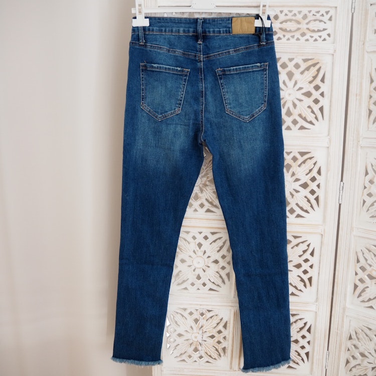 Jeans med fransar SLITEN MÖRK BLÅ - 3D Denim