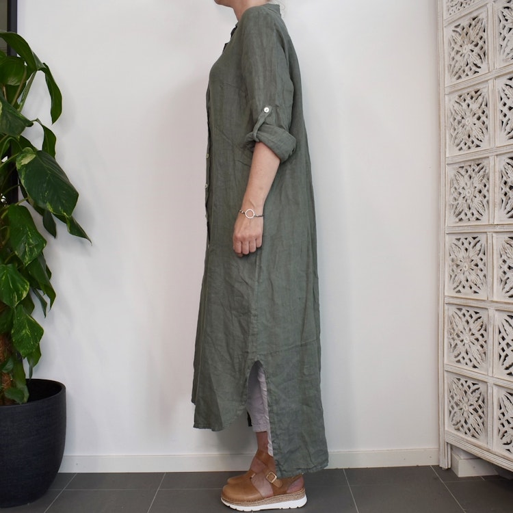Lång skjortklänning i linne KAKI