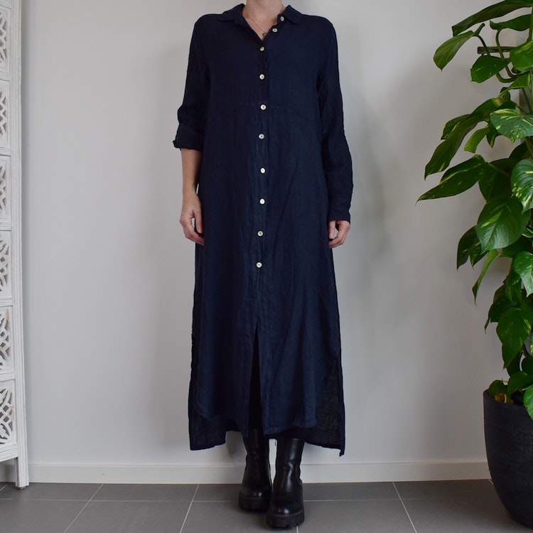 Lång skjortklänning i linne NAVY