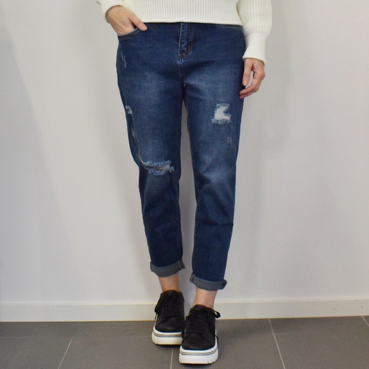 Mom Jeans SLITEN MÖRK BLÅ - Newplay