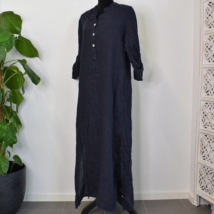 Lång linneklänning med fickor NAVY