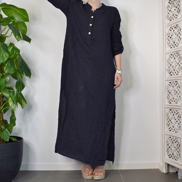 Lång linneklänning med fickor NAVY