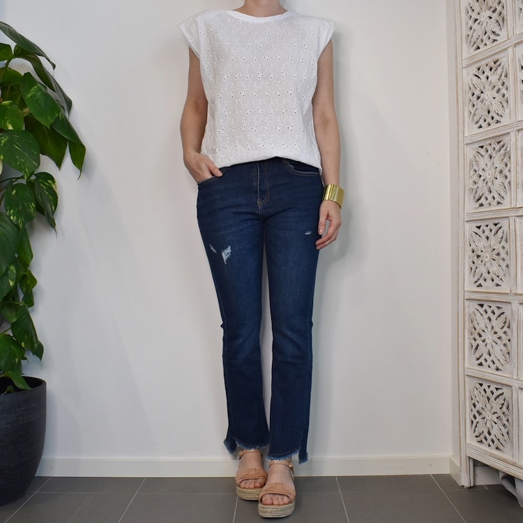 Jeans Shortcut med fransar SLITEN MÖRK BLÅ - 3D Denim
