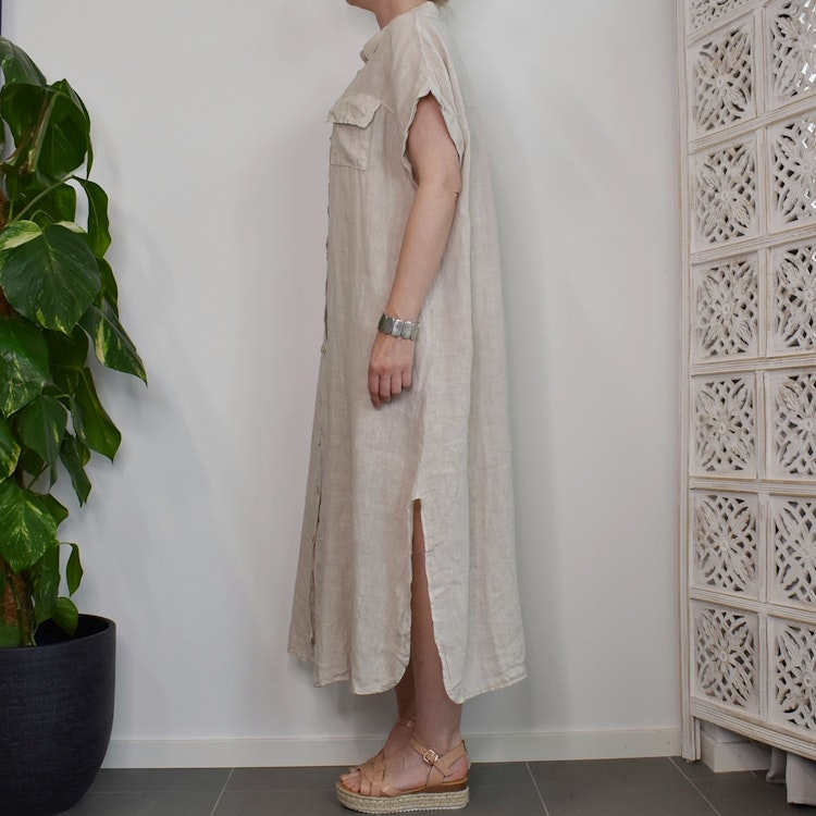 Skjortklänning i linne BEIGE