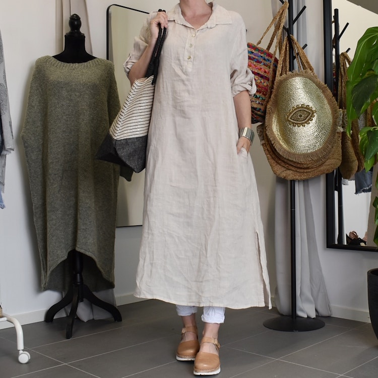 Skjortklänning med fickor BEIGE