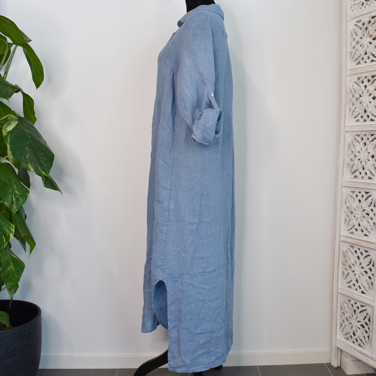 Lång skjortklänning i linne JEANSBLÅ