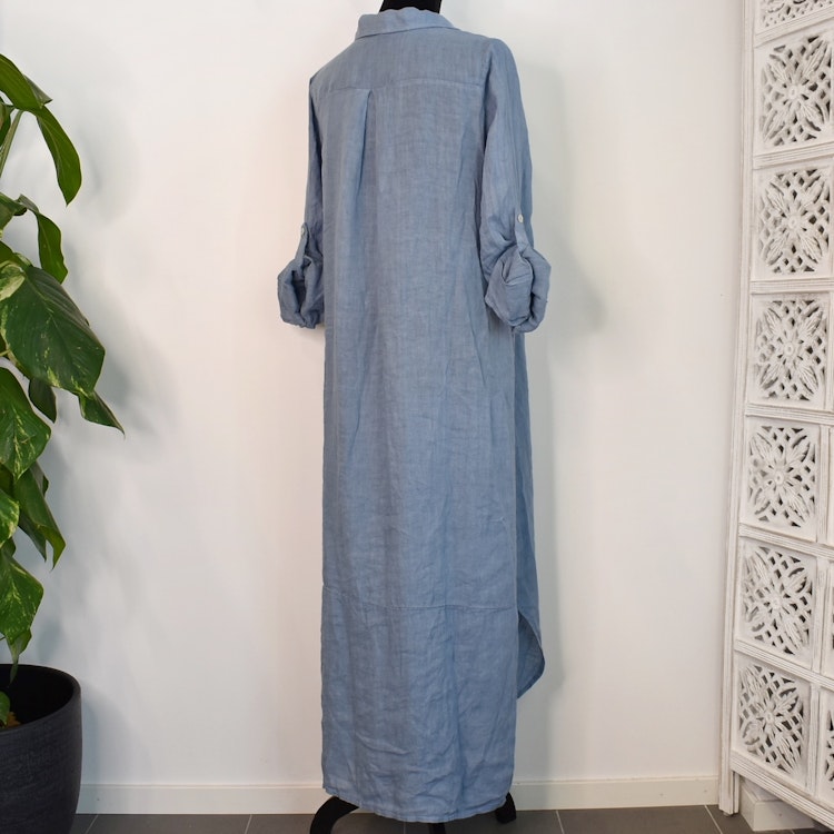 Lång skjortklänning i linne JEANSBLÅ