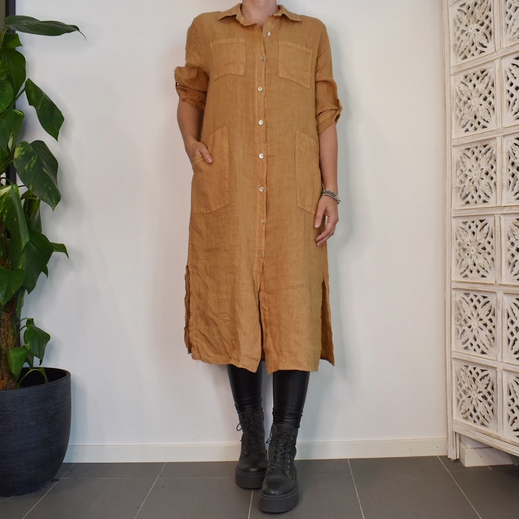 Lång Linneskjorta med fickor CAMEL