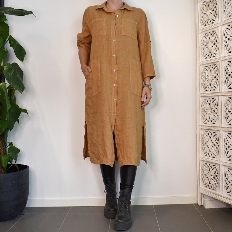 Lång Linneskjorta med fickor CAMEL