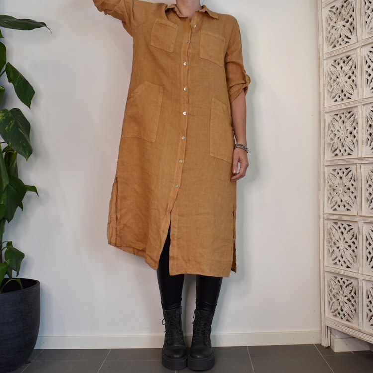 Lång Linneskjorta med fickor CAMEL