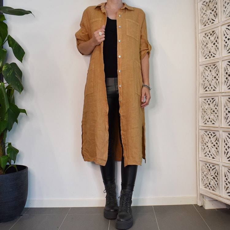 Lång Linneskjorta med fickor CAMEL
