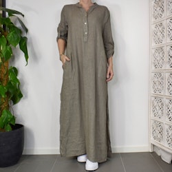 Lång linneklänning med fickor TAUPE