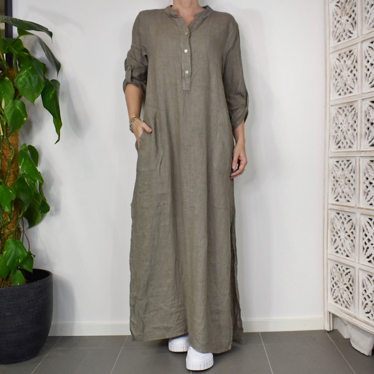 Lång linneklänning med fickor TAUPE