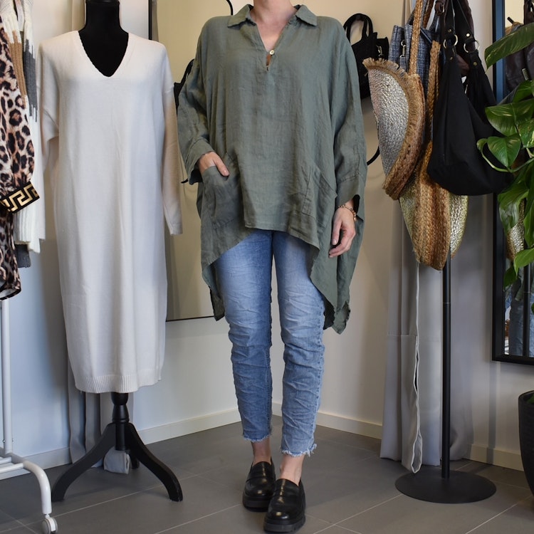 Linnetunika med fickor KAKI