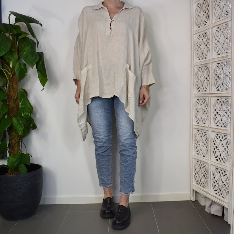 Linnetunika med fickor BEIGE