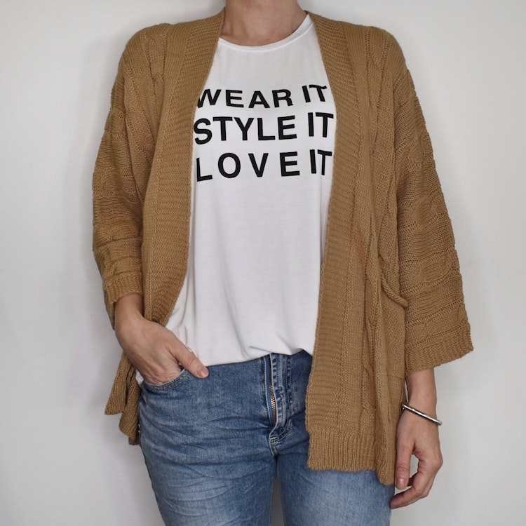 Kort Kabelstickad Cardigan CAMEL