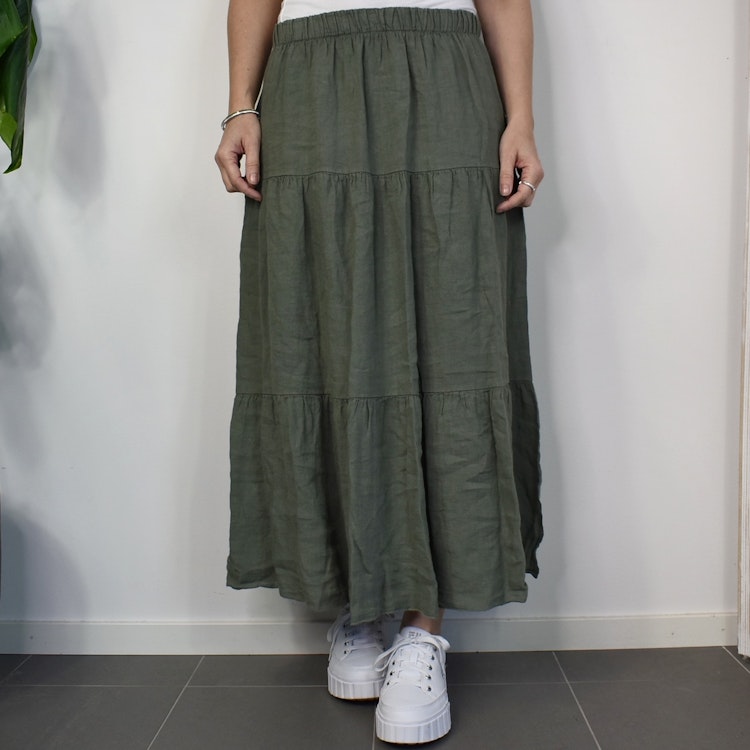 Linnekjol med volanger KAKI