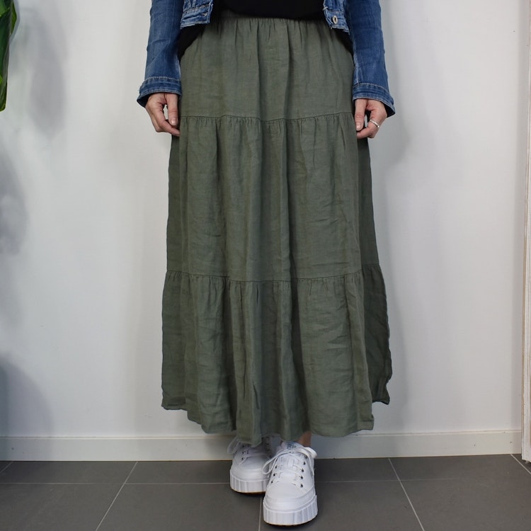 Linnekjol med volanger KAKI