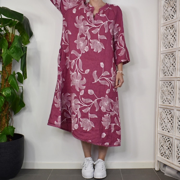 Linneklänning med spets Mönstrad FUSCHIA
