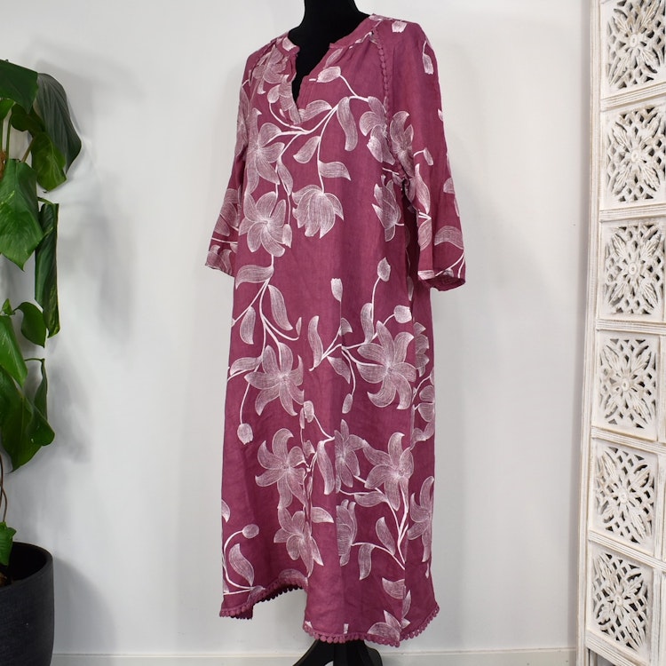 Linneklänning med spets Mönstrad FUSCHIA