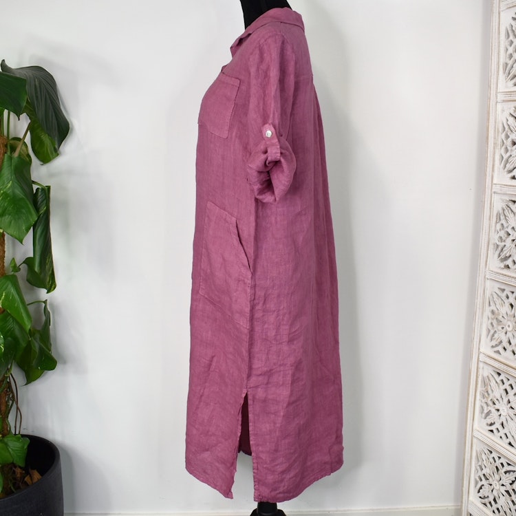 Lång Linneskjorta med fickor FUSCHIA