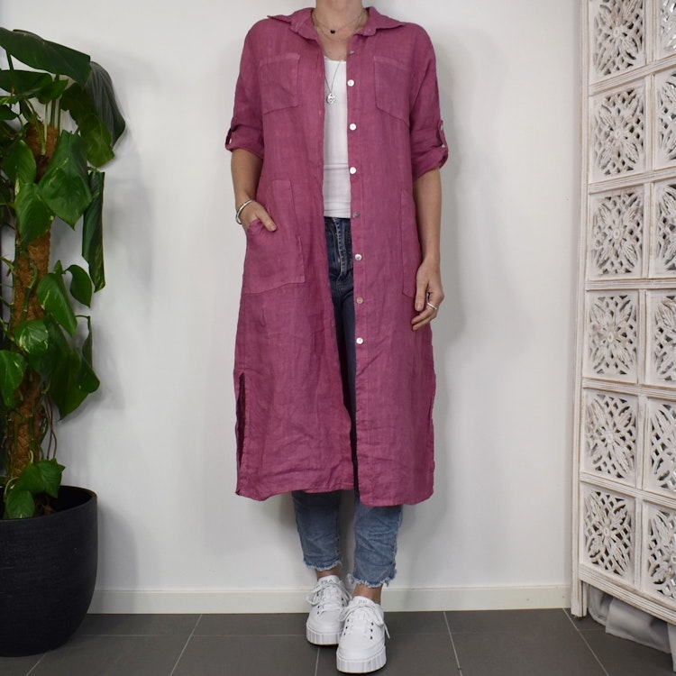 Lång Linneskjorta med fickor FUSCHIA