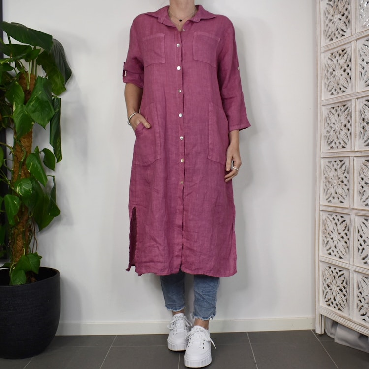 Lång Linneskjorta med fickor FUSCHIA