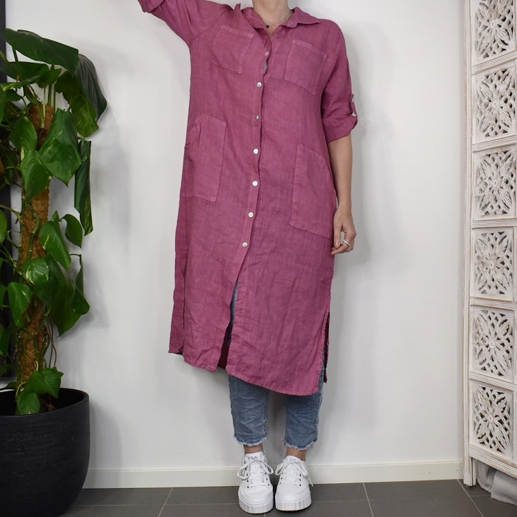 Lång Linneskjorta med fickor FUSCHIA