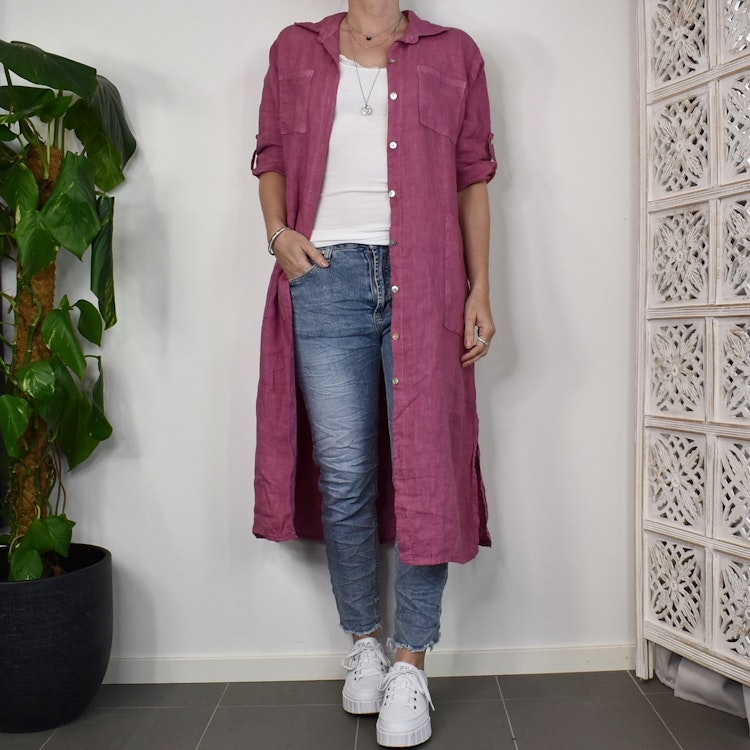 Lång Linneskjorta med fickor FUSCHIA